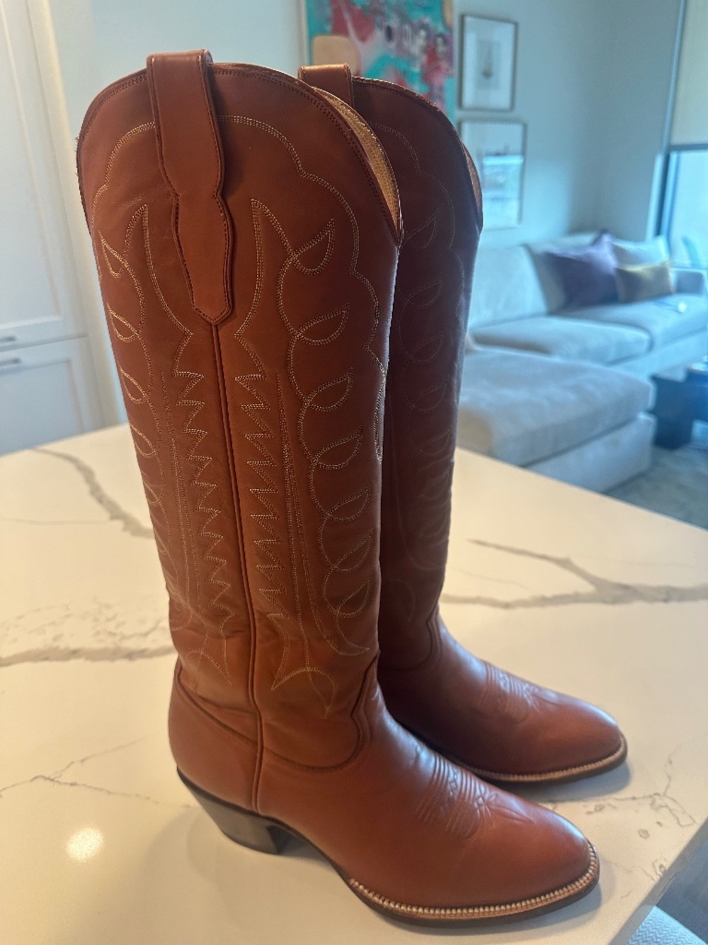 Handmade Calfskin Brown Tall Cowboy Boots